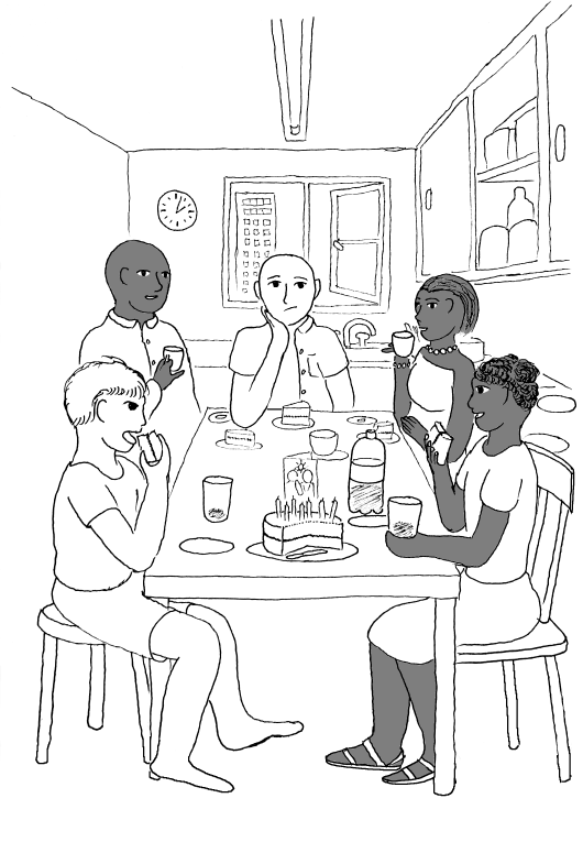 Simon’s birthday party, with Simon, Yasmin and their parents sitting around the kitchen table in Simon’s flat.
